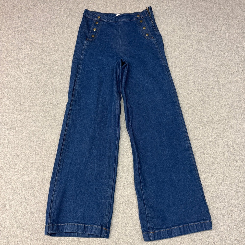 Frame Adele Sailor Wide Leg Jeans 29 Blue Gold Button High Rise Side Zip SSWL118